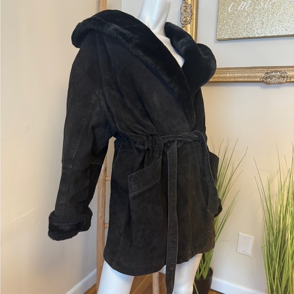 Wilsons Leather Jacket Black Suede Faux Vegan Fur Trim Vintage Retro 90’s Large - Picture 3 of 9